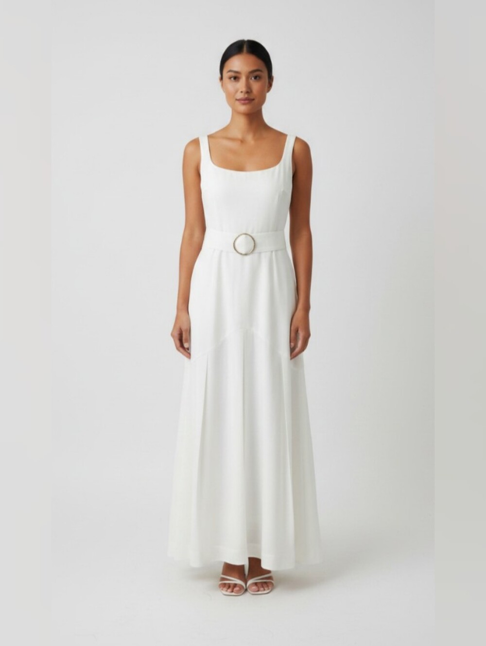 Ivory Belted A-Line Wedding Dress with Scoop Neck